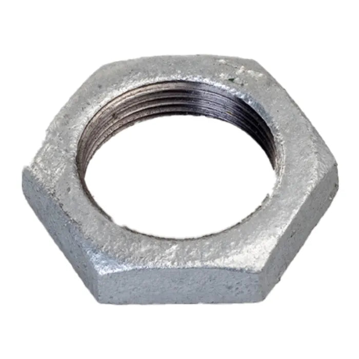 Close-up of a 25mm galvanized locknut with a hexagonal shape and threaded interior