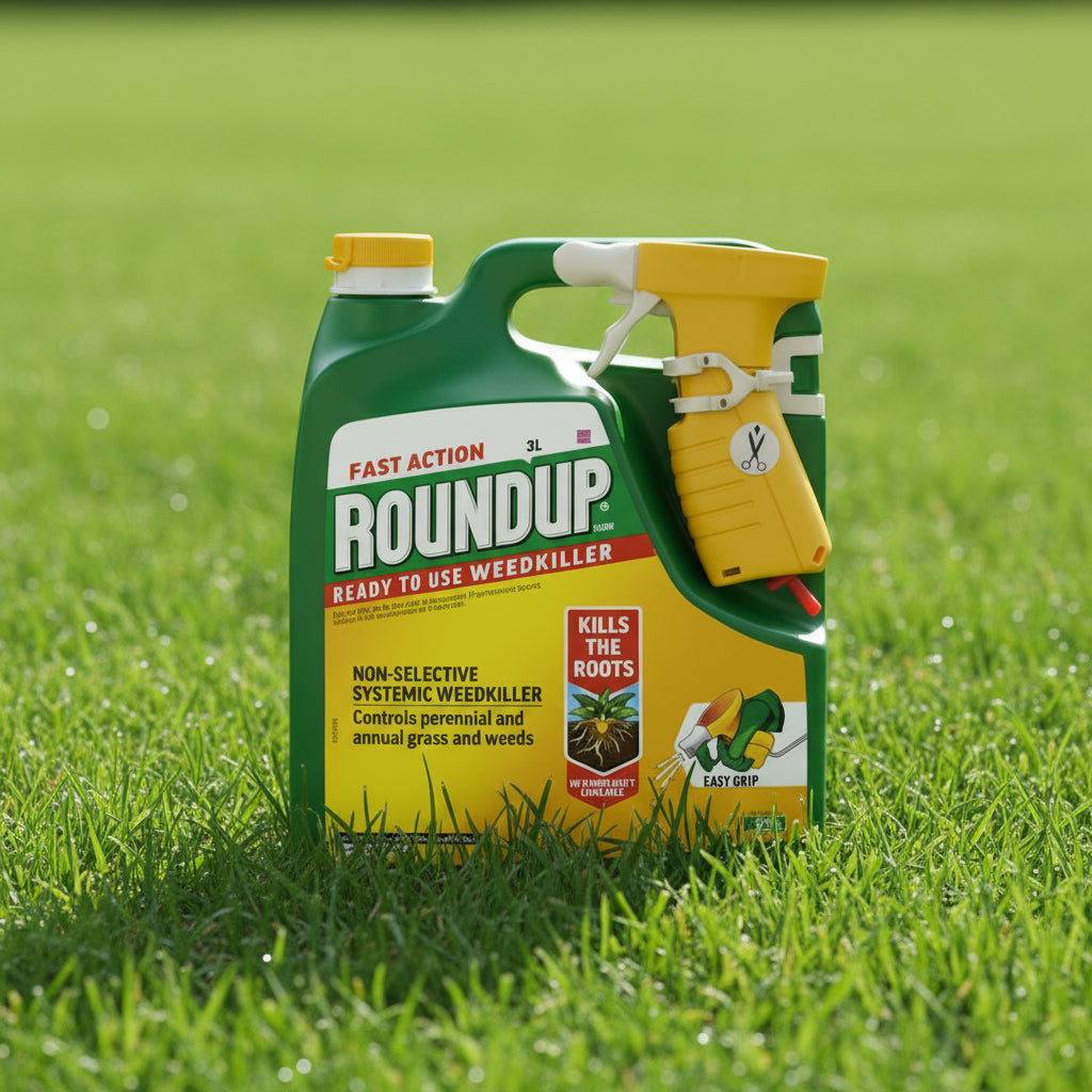 Roundup weedkiller bottle with green and yellow design on a white background