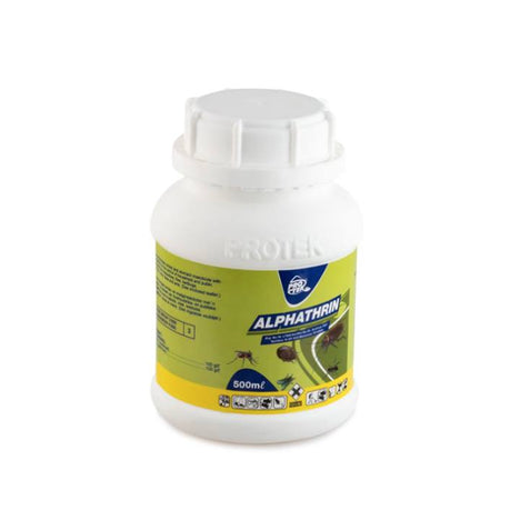White bottle of Alphathrin 500ml insecticide with yellow and green label for pest control