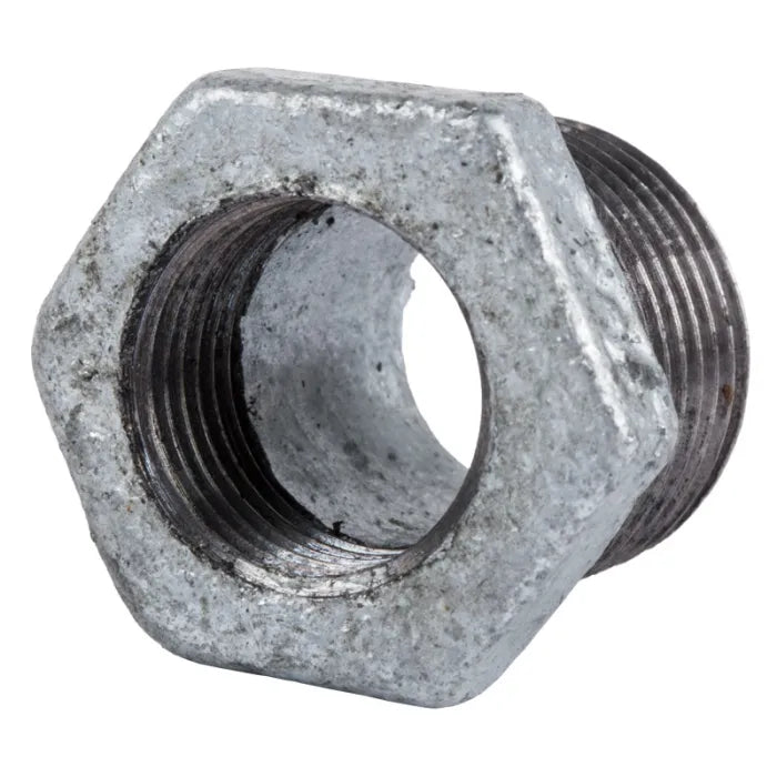 Galvanised reducing bush 15x10mm metal pipe fitting with hexagonal outer shape and threaded interior