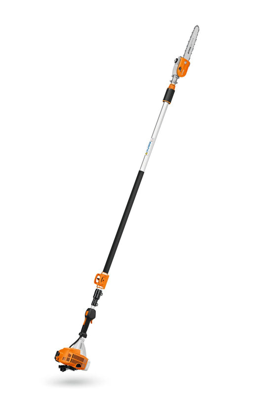 Side view of the STIHL NSHT75 long reach pole pruner featuring its orange motor housing and long telescopic shaft.