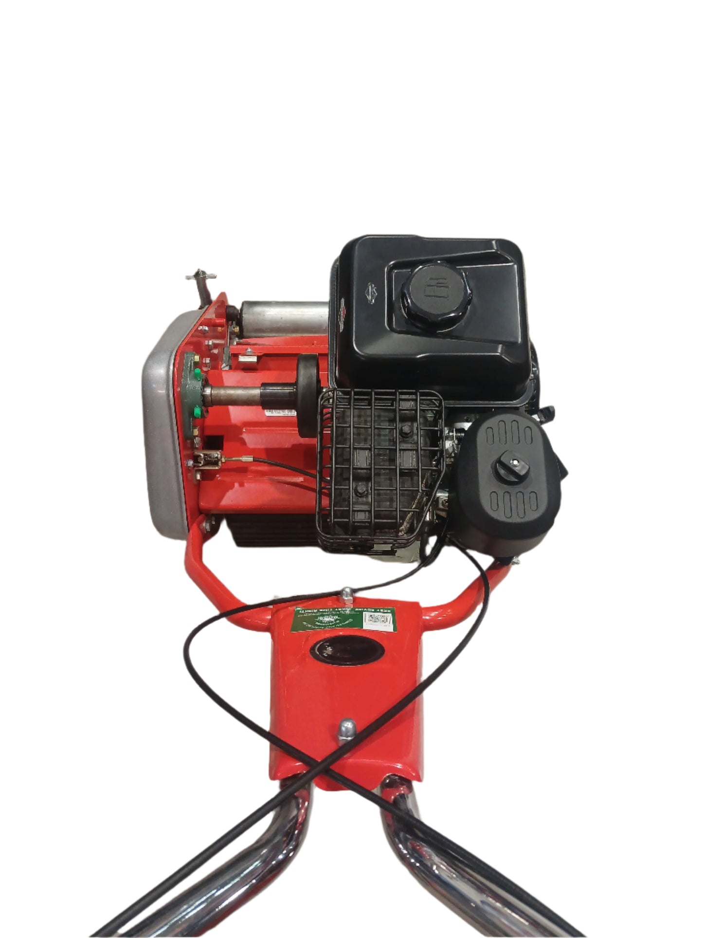 Professional petrol cylinder mower engine and red body viewed from above on tiled floor