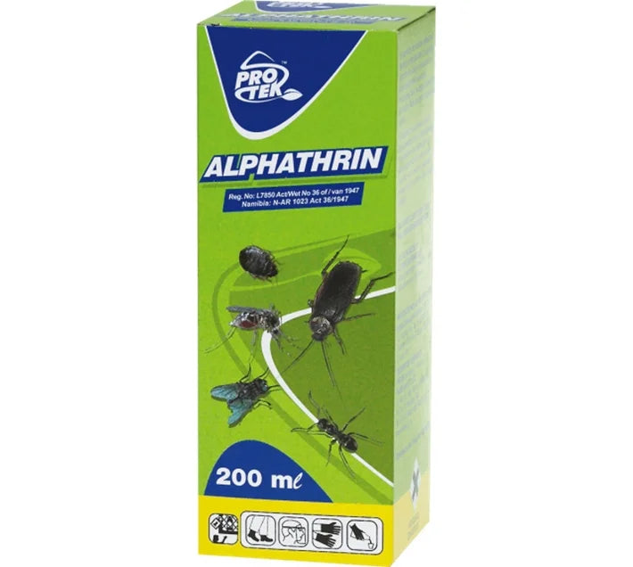 Pro Tek Alphathrin 200ml insecticide box with images of targeted insects for pest control