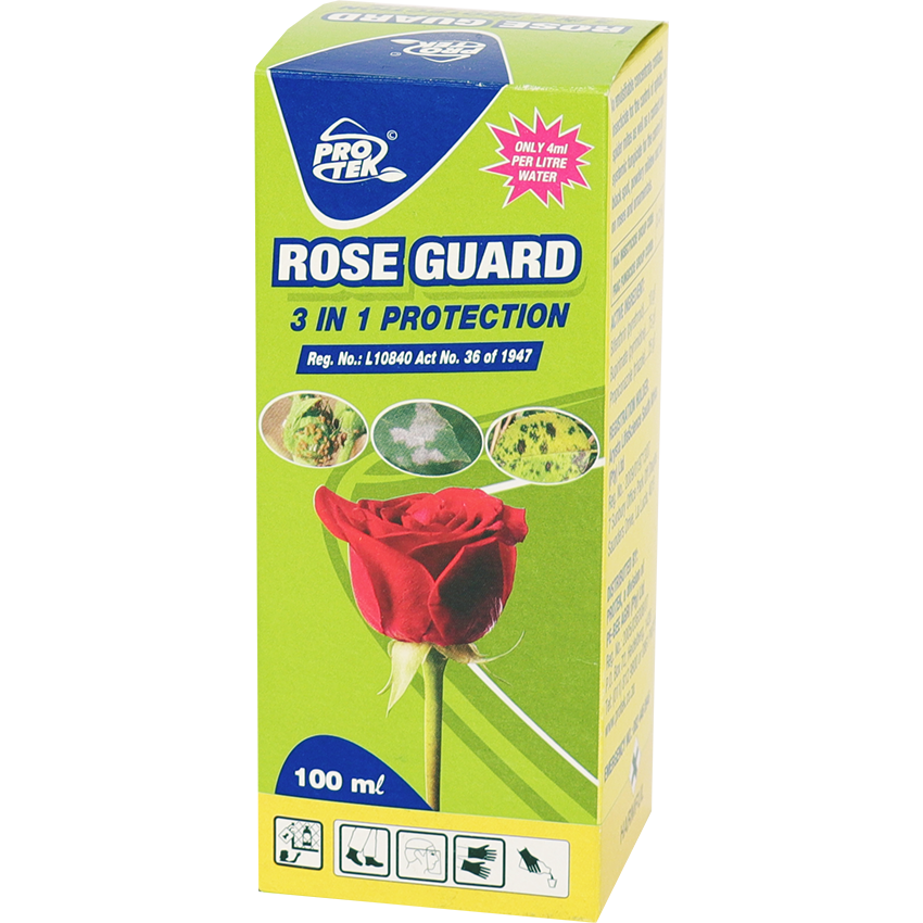 ROSE GUARD 100ml for pests liquid solution box with red rose image and 3 in 1 protection label