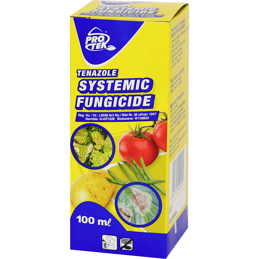 Tenazole 250EW fungicide systemic treatment in 100ml yellow and blue packaging with images of affected tomato, potato, and bean plants