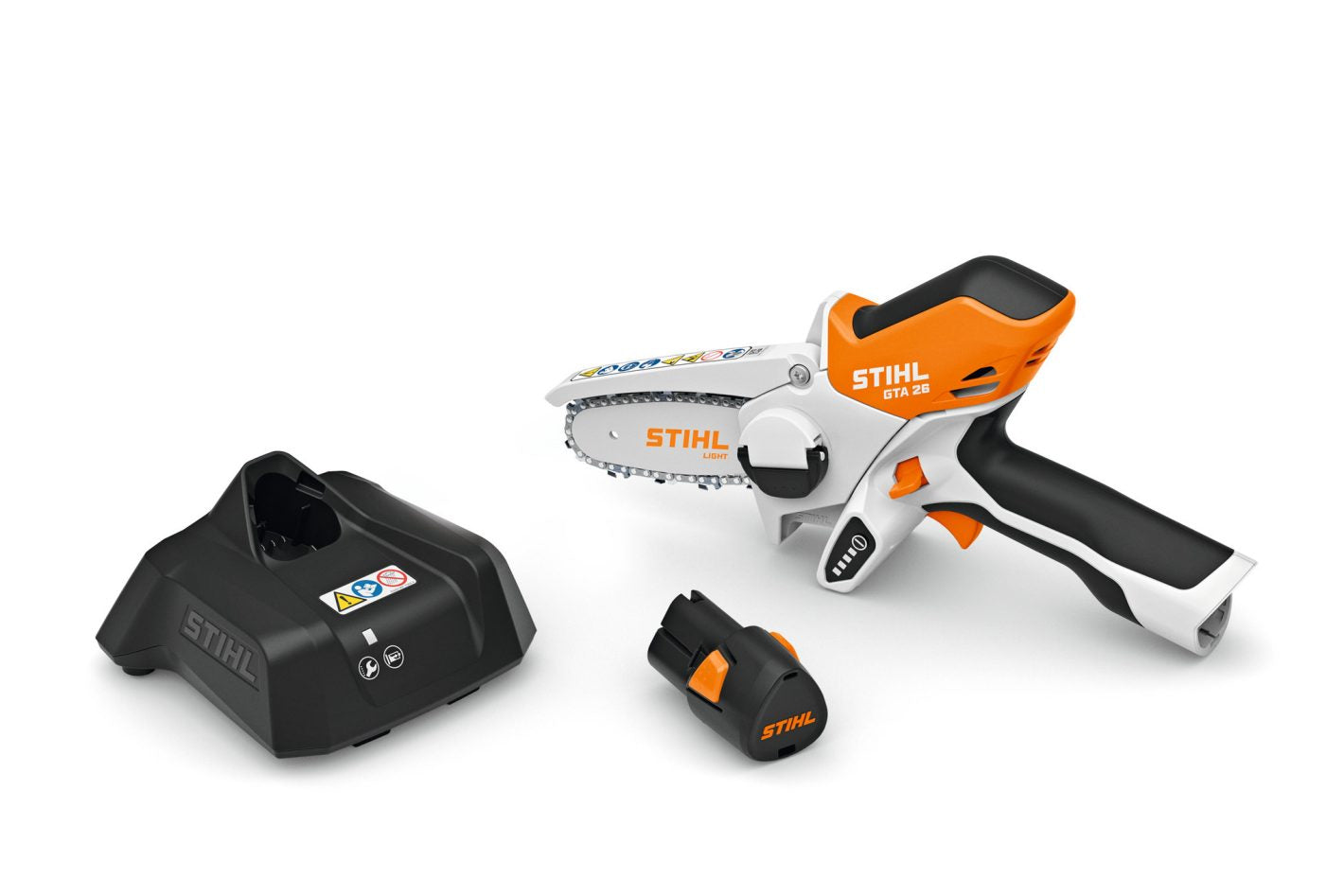 Stihl GTA26 AS2 battery powered chainsaw with charger and spare battery in white and orange