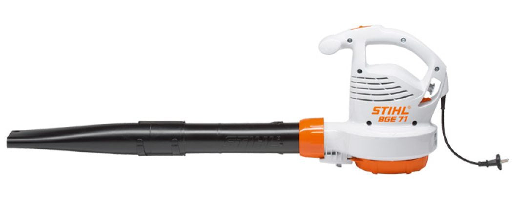 STIHL BGE71 electric blower in white and orange with long black nozzle and power cord