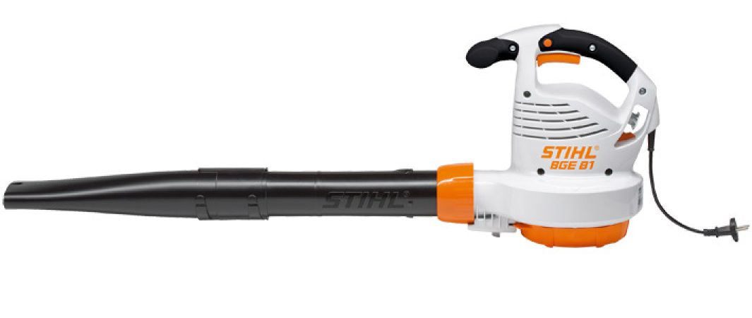 STIHL BGE81 electric blower in white and orange with black nozzle and power cord