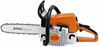 Stihl MS 210 chainsaw with orange body and sharp cutting chain for efficient wood cutting
