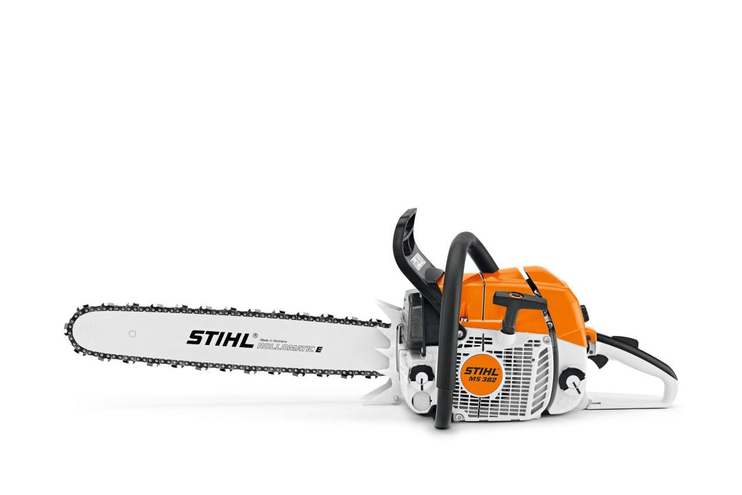 Stihl MS 382 chainsaw for sale with 72cc engine and orange white body on white background