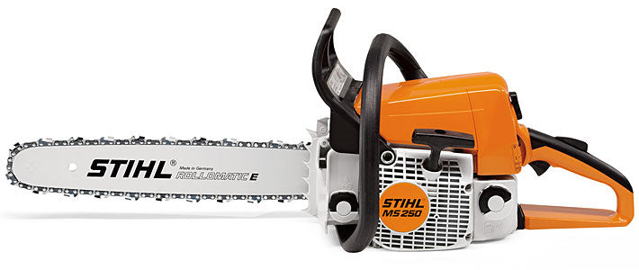 Stihl MS250 chainsaw for sale with orange and white body and sharp cutting chain