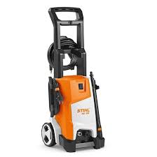 STIHL RE100 high pressure cleaner with orange and white body, wheels, and ergonomic handle
