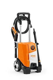 STIHL RE120 pressure washer with orange and white body, hose, spray gun, and wheels for easy transport