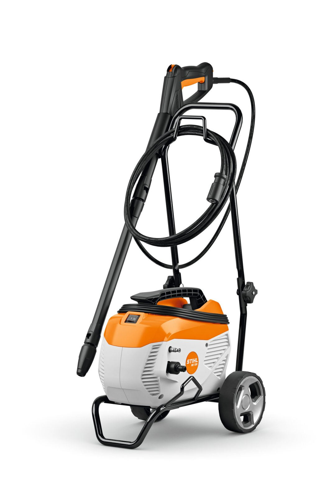 STIHL RE125 high pressure cleaner with orange and white body, wheels, and attached hose and spray gun