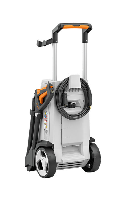 STIHL RE150 high pressure cleaner with wheels and hose neatly wrapped for easy mobility