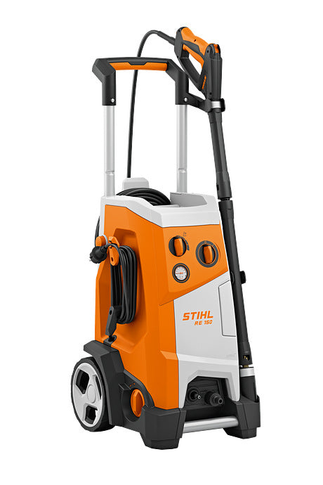 STIHL RE150 high pressure cleaner with orange and white body, wheels, and handle for easy transport