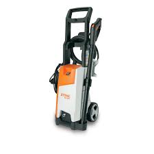 STIHL RE90 pressure washer with compact design, wheels, and built-in hose storage for easy cleaning