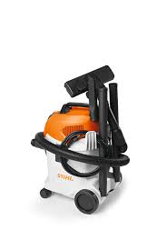 STIHL SE62 vacuum cleaner in white and orange with attached black hose and wheels