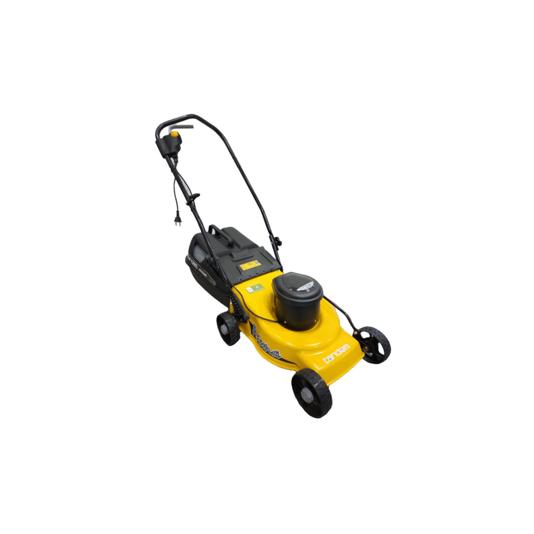 Yellow Tandem Prima 1300W lawnmower electric model with black handle and wheels for garden maintenance