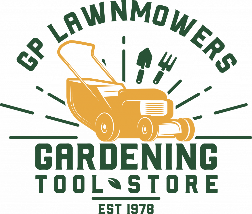 Logo of GP Lawnmowers Gardening Tool Store featuring a lawnmower and garden tools symbolizing how GP Lawnmowers started