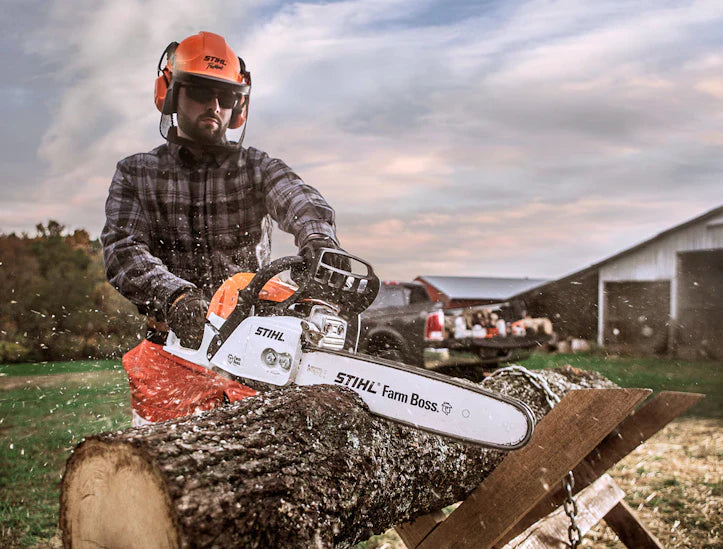 STIHL chainsaws for sale featuring a professional-grade orange and silver chainsaw with sharp cutting chain