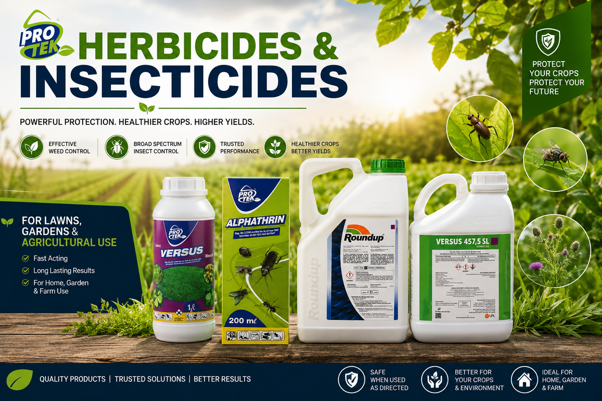 Display of various weed and pest control products including sprays and solutions in a retail store