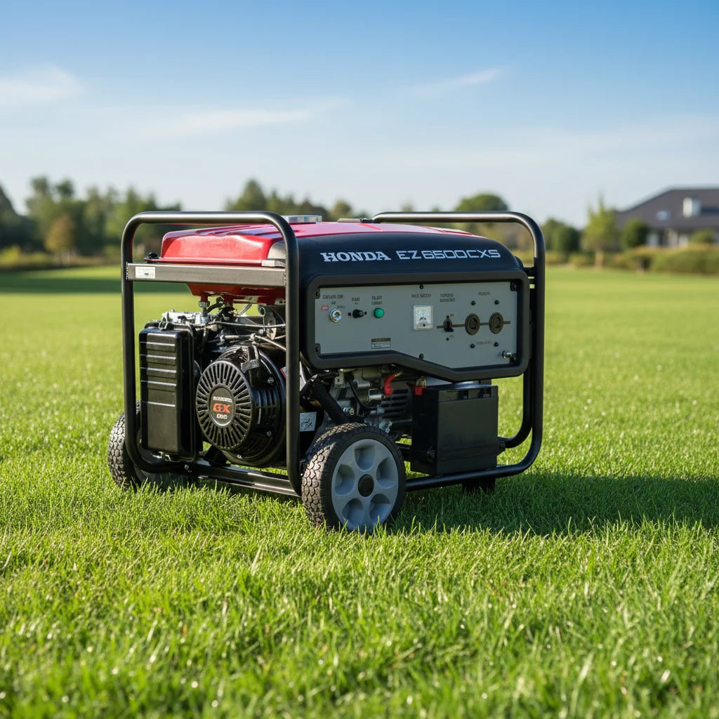 Honda EZ6500CXS portable generator on wheels with control panel in black and red for portable generators for sale