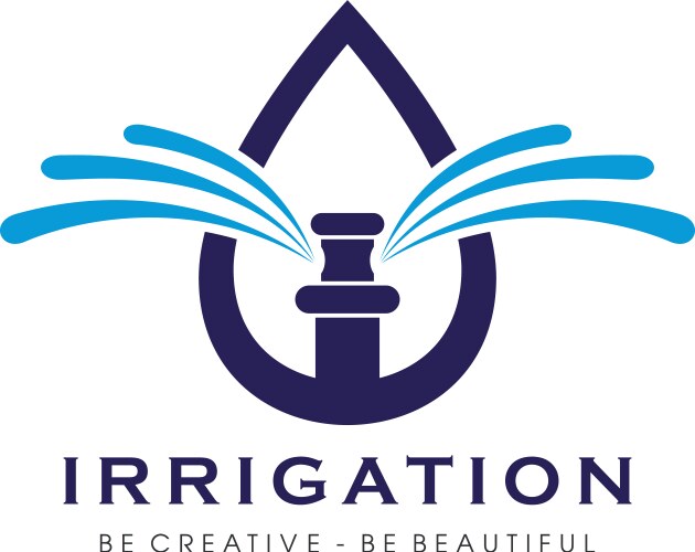 Logo design representing irrigation systems for gardens with water drop and sprinkler spray