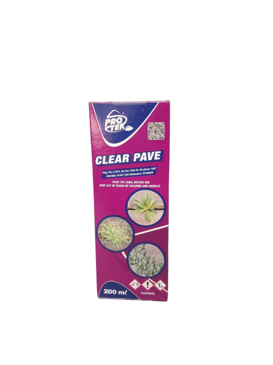 Side view of a 200ml bottle of Clear Pave Weed Killer showing the concentrated formula label for paths and driveways.