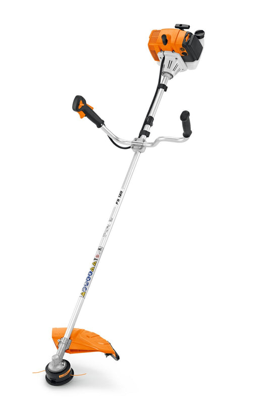 FS120 petrol brushcutter for sale with orange engine and ergonomic handles for efficient trimming