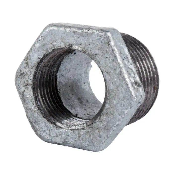 Galvanised reducing bush 25x20mm with hexagonal shape and threaded interior and exterior