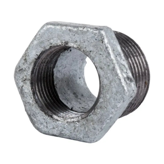Galvanised reducing bush 25x20mm with hexagonal shape and threaded interior and exterior