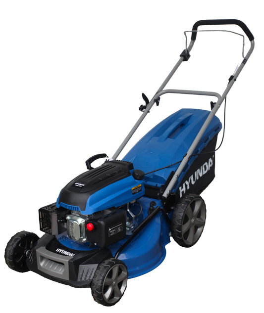 Hyundai self-propelled lawn mower 19 inch with blue and black design and large rear wheels