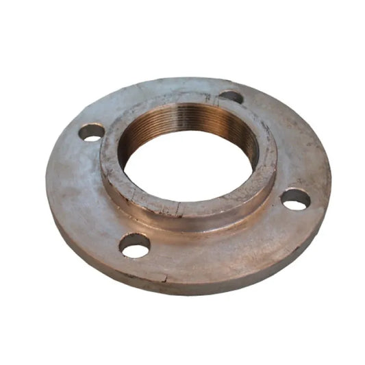 Metal 65mm screwed flange with threaded center and three mounting holes for pipe connections