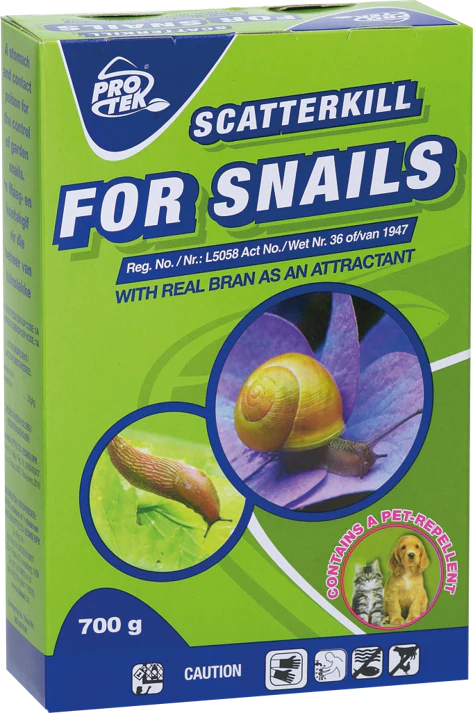 Scatterkill for snails 700g box with snail images and pet-repellent warning on green packaging