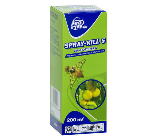 Spraykill5 pest control solution 200ml Pro Tek green box with insect and fruit image