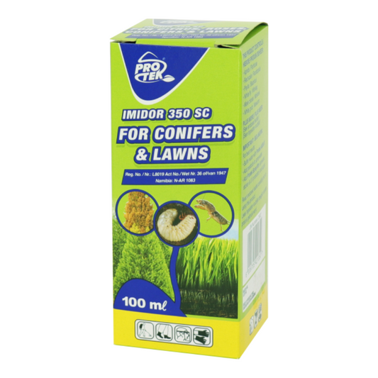 Imidor 100ml insecticide for lawns in green and yellow packaging for conifers and lawns protection