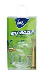 Mix nozzle for lawnmower sprayer with brass fitting and clear tubing in green packaging