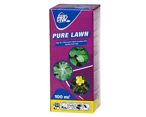PURE LAWN 200ml herbicide in purple and blue packaging with plant images and 100 ml label