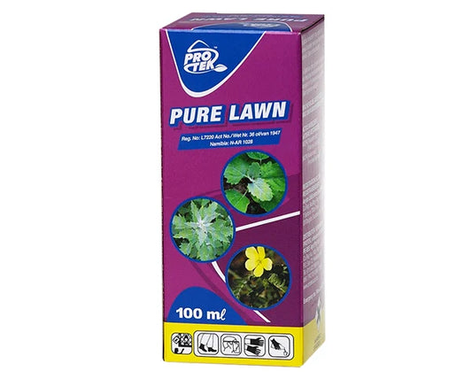 PURE LAWN 200ml herbicide in purple and blue packaging with plant images and 100 ml label