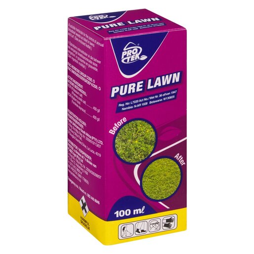 PURELAWN100 Protek Pure Lawn treatment 100ml box showing before and after lawn improvement