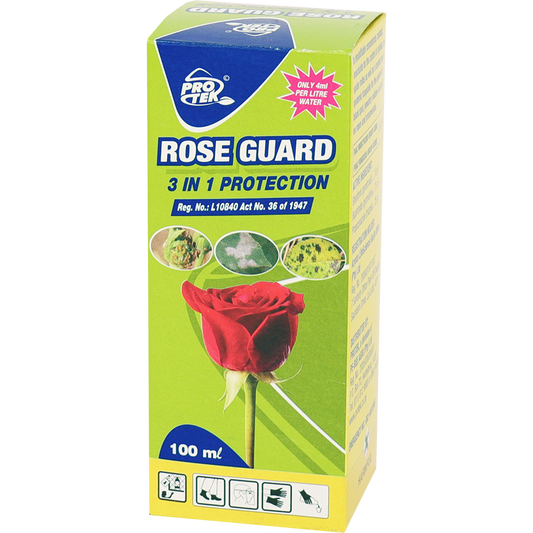 ROSE GUARD 100ml for pests liquid solution box with red rose image and 3 in 1 protection label