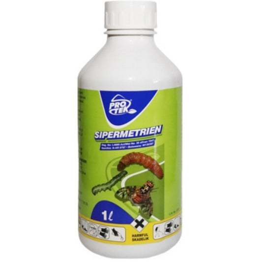 Sipermethrin insecticide 1 liter white bottle with green label and insect graphics
