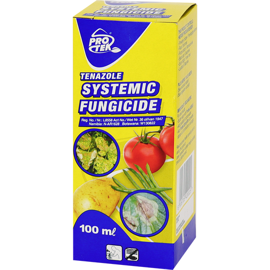 Tenazole 250EW fungicide systemic treatment in 100ml yellow and blue packaging with images of affected tomato, potato, and bean plants
