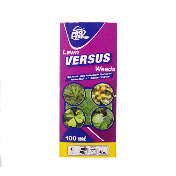VERSUS weed killer for grass 100ml lawn weed control by PROTEK in purple and yellow packaging