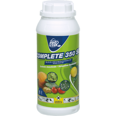 1 liter bottle of COMPLETE 350 SC 1L pesticide with green label and Pro Tek branding