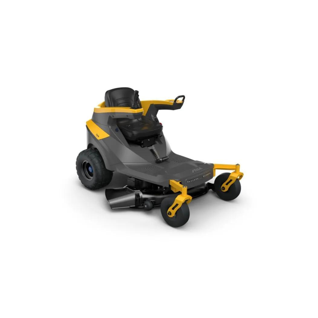 Stiga Gyro 500 zero turn mower in gray with yellow accents and a 98cm cutting deck