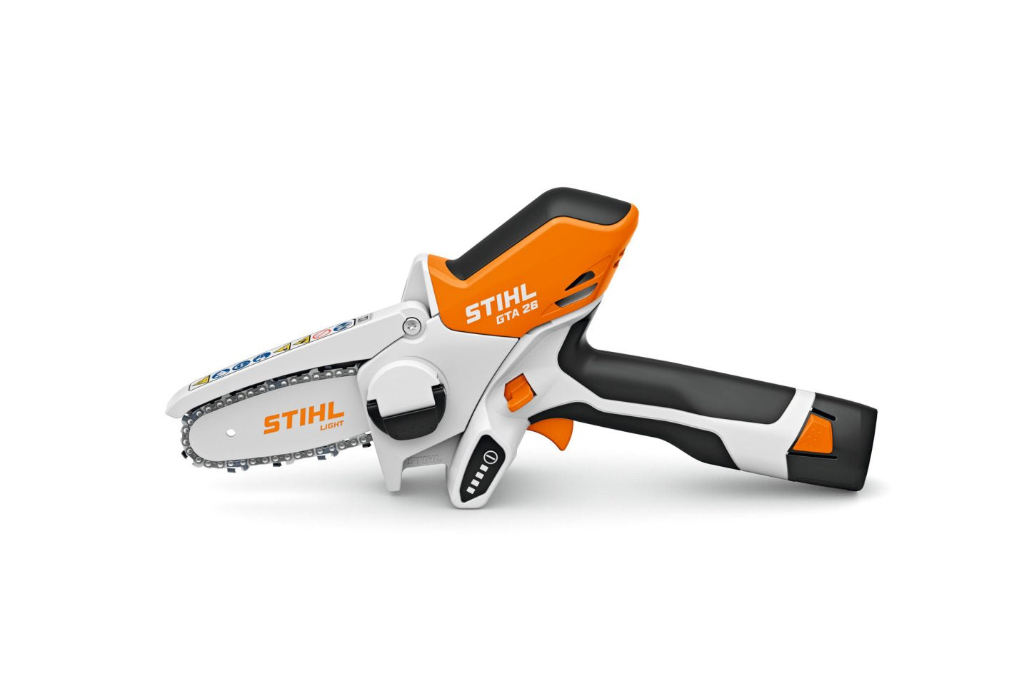 Stihl GTA26 AS2 battery powered chainsaw with compact design and ergonomic handle in white and orange
