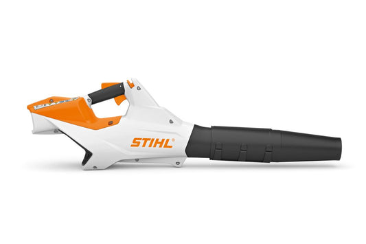 STIHL BGA86 blower for sale with white and orange body and black nozzle for yard cleanup