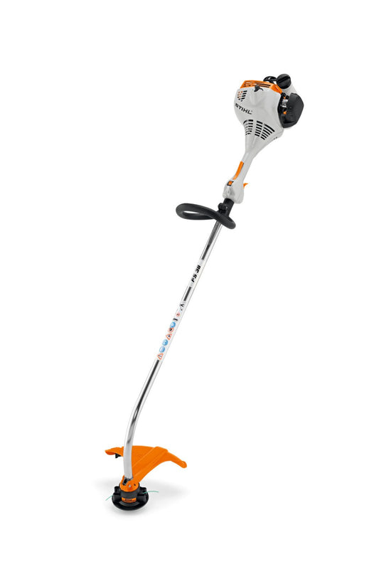 FS 38 petrol grass trimmer in white and orange with ergonomic handle and cutting head